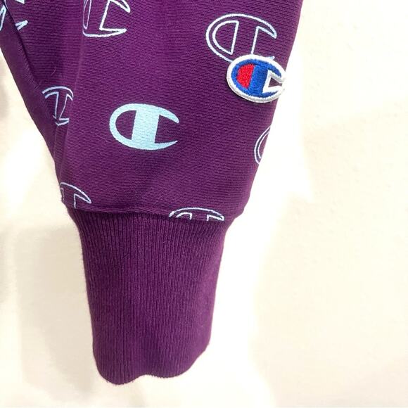 Champion Reverse Weave Purple Blue Logo Cropped Cutoff Hoodie Sweatshirt Large - Picture 4 of 11